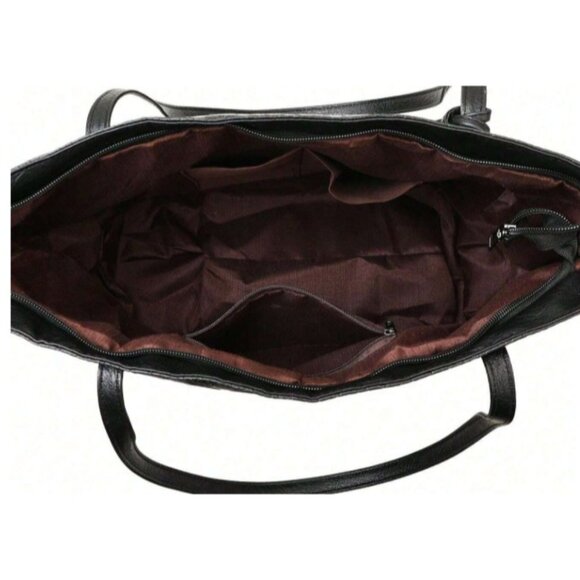 New Goth Skull Print Black Tote Purse Handbag All Over Embossed PU Leather Roomy - Picture 4 of 5